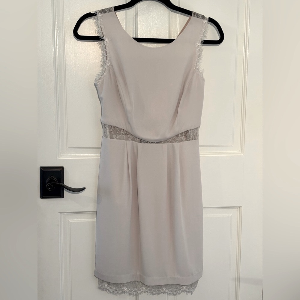 Elegant BCBG Silk and Grey/ Cream Lace Trim Dress bridesmaid shower/summer event